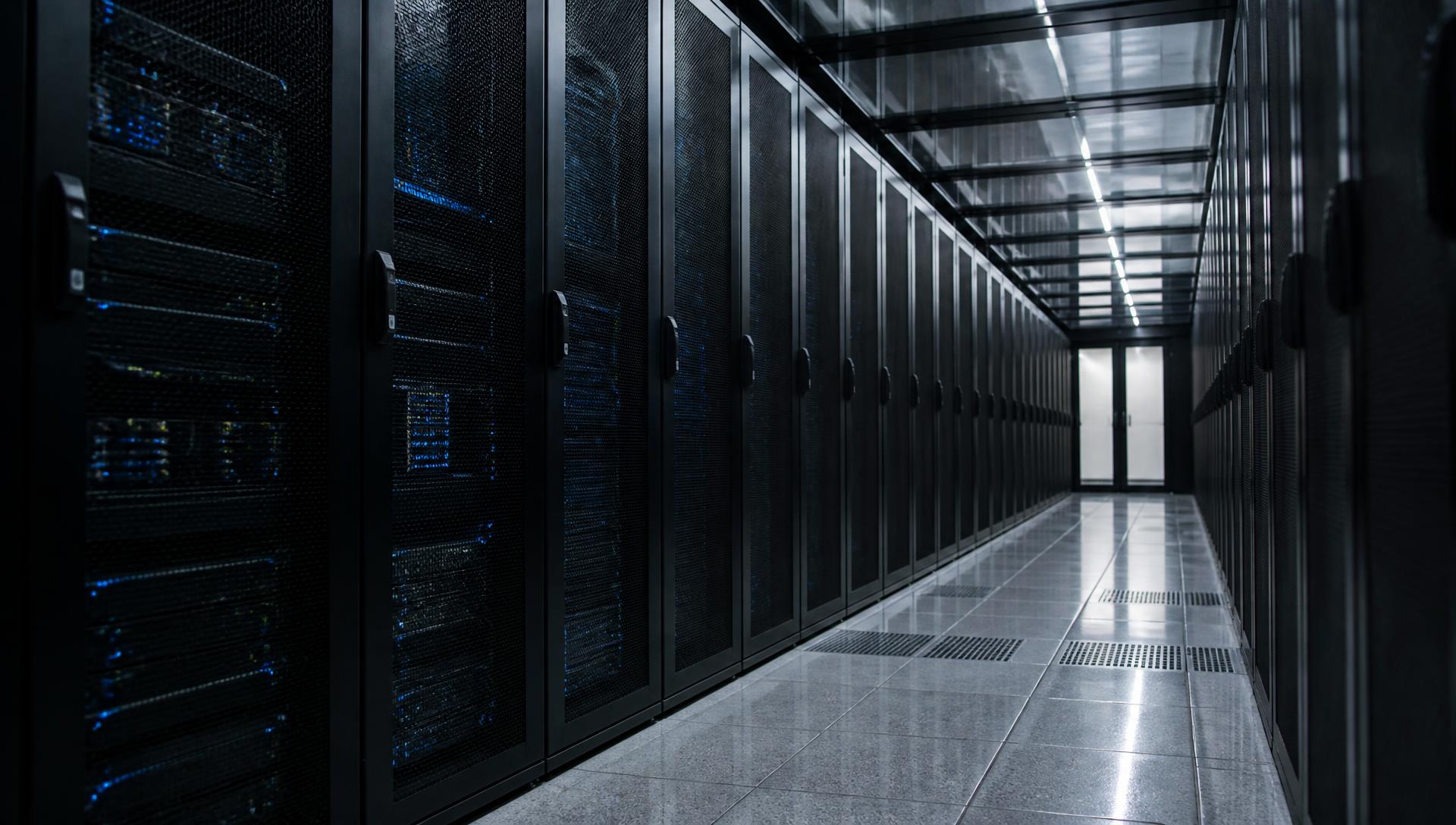 Data center cleaning technician view of server rack aisles above a raised access floor