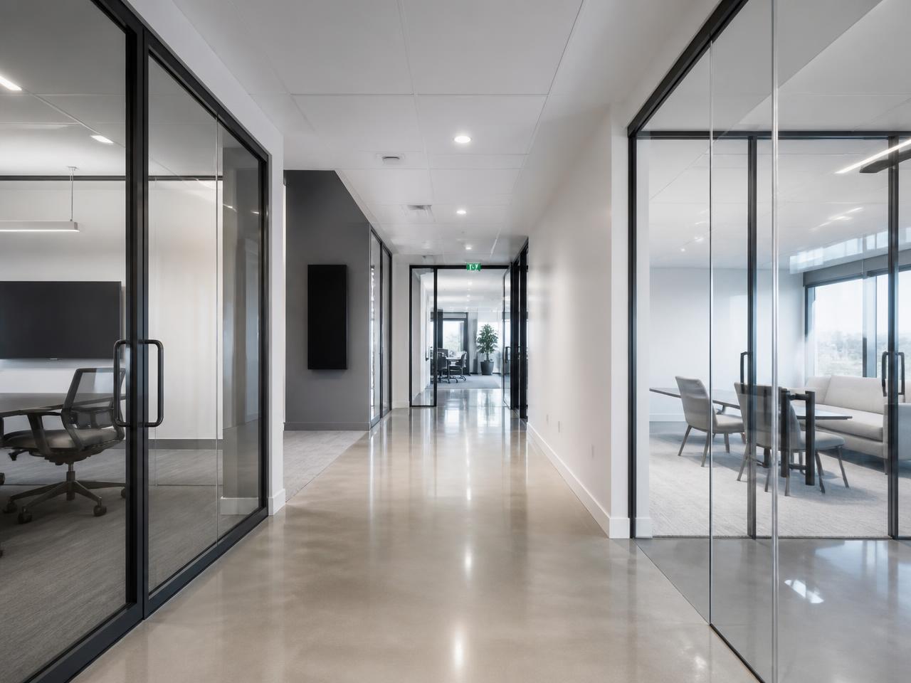 Commercial office corridor in Texas after post-construction and facility cleaning by PTFS